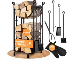Stijlvolle Haardhoutstandaard met Compleet Haardbestek Set - Zwart Staal & Leren Handschoen