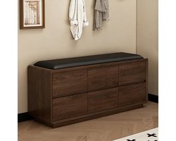 Stijlvolle Halbank met Gewatteerde Zitting en FlipTop Opslag voor Schoenen in Walnoot Hout - 90cm Schoen Organizer en Zitoplossing voor de Entree