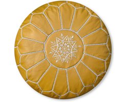 Stijlvolle Handgemaakte Leren Poef - Marokkaanse Ottomaanse Voetensteun - Cognac