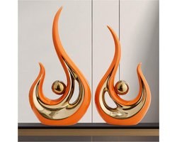 Stijlvolle Keramische Sculptuur - Moderne Abstracte Woondecoratie - Tafeldecoratie Voor Woonkamer En Slaapkamer - Oranje - 2 Stuks