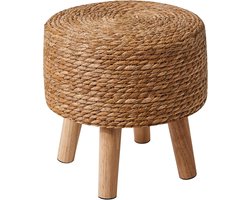Stijlvolle Kruk van Natuurlijk Zeegras met Houten Poten voor Slaapkamer en Woonkamer - Handgemaakt 32 x 32 x 32 cm