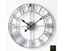 Stijlvolle LW Collection Moderne Klok Zilver Grijs Rond Metaal 40cm griekse cijfers / Moderne Grijze Zilveren Klok Griekse Cijfers / Zilveren Grijze ronde Klok / Ronde Grijze Muur Klok