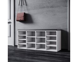 Stijlvolle opbergbank voor schoenen met zitkussen - Schoenenkast wit hout met verstelbare planken