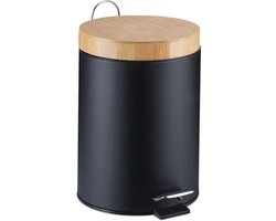 Stijlvolle prullenbak met bamboe deksel â€“ Zwart / hout â€“ Klein formaat - 3L - badkamer / wc / keuken / kantoor / horeca prullenbak