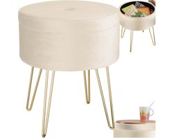 Stijlvolle Ronde Kruk met Opbergruimte - Fluweel - Draagvermogen tot 300 kg - Multifunctioneel - Ook als Bijzettafel - Crème