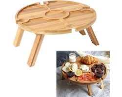 Stijlvolle salontafel met snacks en wijn, ideaal voor 4 glazen, perfect voor buiten en picknicks, multifunctionele houten tafel met fruit- en snackplateaus