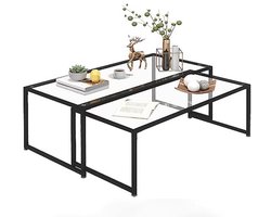 Stijlvolle Salontafelset - 2-delige Glazen Koffietafel met Stalen Frame, Zwart