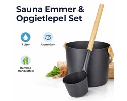 Stijlvolle Sauna Emmer & Opgietlepel Set – 7L – Aluminium & Bamboe – Luxe Sauna Accessoires – Opgietset met Lepel – Zwart