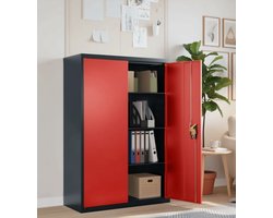 Stijlvolle Tuinkast en Opbergkast met 3 Planken – Antraciet en Rood – Stalen Outdoor Meubel 90 x 40 x 140 cm – Duurzame Tuinopslag voor Gereedschap, Accessoires en Buitenbenodigdheden