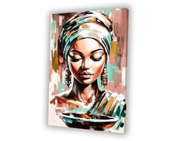 Stijlvolle vrouw met kleurrijke hoofddoek - Vrouw schilderij op canvas - Canvas portret - Expressionisme - Vintage schilderij - Canvas schilderij woonkamer - canvas 50x70 cm