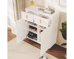 Stijlvolle Wit-Gouden Opbergkast – Sideboard met Structuurfront, Lade & Verstelbare Legplanken – Schoenenkast voor Hal of Woonkamer – 83×35×101 cm
