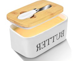 Stijlvolle Witte Porseleinen Botervloot met Botermes, Luchtdichte Bewaarbox voor Boter met Houten Deksel en Siliconen Afsluiting, Ideaal voor Keuken en Tafelgebruik