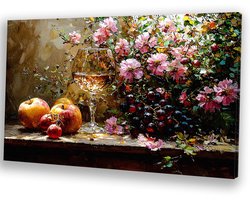 Stilleven bloemen en fruit decor - Stilleven schilderij op canvas - Wanddecoratie canvas bloemen - Impressionisme - Muurdecoratie landelijk - Woonkamer accessoires - canvas 150x100 cm