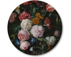 Stilleven met bloemen in een glazen vaas - Muurcirkel Forex 50cm - Wandcirkel voor binnen - Jan Davidsz - Meesterwerken - Bloemen