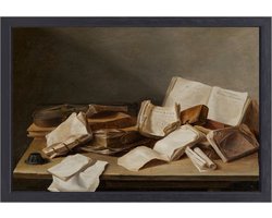 Stilleven met boeken en een viool - Jan Davidsz. de Heem schilderij - Boeken wanddecoratie - Muurdecoratie Oude meesters - Wanddecoratie landelijk - Canvas schilderijen met baklijst - Muurdecoratie canvas met baklijst 100x75 cm