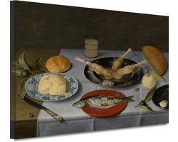 Stilleven van haring, vlees, vruchten, boter en brood - Jacob van Hulsdonck schilderijen - Eten wanddecoratie - Schilderij op canvas Oude meesters - Muurdecoratie industrieel - Canvas keuken - Woonkamer decoratie 100x75 cm