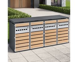 STILVORA Afvalcontainer Ombouw - Vier Compartimenten Met Hydraulische Klapdeksel - Afsluitbaar Voor Tuin En Oprit - Staal - Grijs;Hout