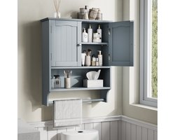 STILVORA Badkamer Wandkast - Met Handdoekhouder En Verstelbare Planken - Opbergruimte Voor Badkamer En Toilet - MDF - Lichtgrijs - 56,8x19x70 Cm