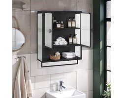 STILVORA Badkamerkasten - Badkamermeubel Hangkast met 2 Deuren, open Regal en Handdoekhouder - Voor Badkamer, Keuken en Woonkamer - 60×23×78 cm - Koord - Zwart