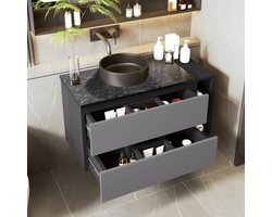 STILVORA Badkamermeubel Met Wasbak - Hangend MDF Met Marmeren Blad En Keramische Ronde Kom - Lades En Open Vak - Zwart+Grijs
