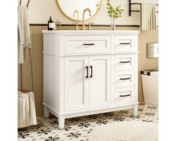 STILVORA Badkamermeubel Met Wastafel - Staande Kast Met 5 Laden En 2 Deuren - Keramiek En MDF - 90x46x87 cm - Wit