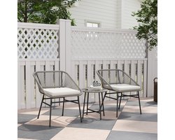 STILVORA Balkonmeubelset 3 Delig 2 Personen - Roest En Weerbestendig - Met Rond Glazen Tafelblad En Kussens - Rotan Donkergrijs