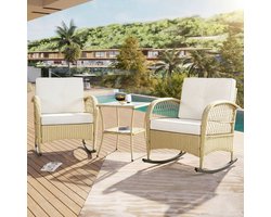 STILVORA Balkonmeubelset 3 Delig - 2 Schommelstoelen Met Hoge Rugleuning - Tafel Met Gehard Glas - Rattan Metaal - Beige