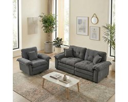 STILVORA Bankstel Set 1 En 2 Zits - Diepe Zit Met Traagschuim Comfort - Voor Woonkamer En Kantoor - Gestoffeerd Grijs