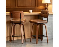 STILVORA Barkruk 44 x 49 x 94 Cm - Draaibaar Met Rugleuning En Gewatteerde Zitting - Voor Keuken En Bartafel - Hout En Kunstleer - Walnootbruin