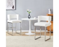 STILVORA Barkruk 91,4 Cm – Set Van 2 – Comfortabele Zitting Met Dik Kussen – Voor Bar En Keukeneiland – Pu Leer En Metaal – Wit Zilver