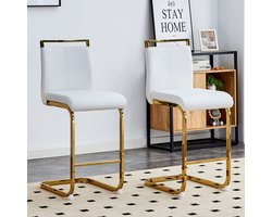 STILVORA Barkruk 96,5 Cm – Set Van 2 – Met Voetsteun En Stevige Gouden Metalen Poten – Voor Keuken En Bar – Pu Leer Wit