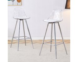 STILVORA Barkruk Set Van 2 - Transparante Rugleuning - Ergonomisch Met Voetsteun - Voor Keukenbar En Eetkamer - Metaal Kunststof - Zilver