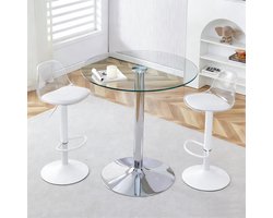 STILVORA Barset 89 Cm - Ronde Glazen Tafel Met 2 Verstelbare Draaibare Barkrukken - Voor Keuken En Bar - Transparant Wit