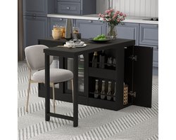 STILVORA Bartafel 121,5 Cm – Uitschuifbaar Met 360 Graden Draaiplateau – Met Opbergruimte En Glazen Schuifdeuren – Zonder Matras – Modern – Zwart