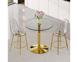 STILVORA Bartafelset - Ronde Glazen Bartafel Met 2 Transparante Barstoelen - Voor Open Keuken En Barhoek - Metaal Kunststof - 89x89x92 Cm - Goud;Transparent