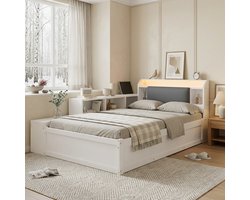 STILVORA Bed 120x200 cm – Opbergbed Met LED-Hoofdbord & Ladestation – Hydraulische Opbergruimte – Twijfelaar Van Hout – Wit – Zonder Matras