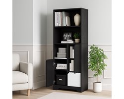STILVORA Boekenkast - Open Vakken Met Deur En Lades - Opbergkast Voor Woonkamer En Slaapkamer - Spaanplaat - Zwart;Wit - 60x35x160 Cm