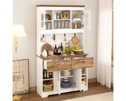 STILVORA Buffetkast - Met Vitrinekasten, 2 Laden En Haken - Voor Keuken En Eetkamer - Spaanplaat - 106x39x176,5 Cm