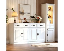 STILVORA Buffetkast Set - Opbergkast En Vitrinekast Met Lades En Ledverlichting - Voor Woonkamer En Eetkamer - MDF - Wit