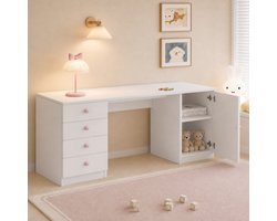 STILVORA Bureau - Kinderschrijftafel Met 4 Lades En Opbergkast - Voor Studeren En Computergebruik Thuis - MDF - 155x45x74 Cm - Wit
