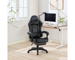 STILVORA Bureaustoel 64 x 58 x 117 126 cm - Draaibaar Met Massage En Voetsteun - Ergonomisch Met Hoofd En Lendenkussen - PVC Leer Zwart