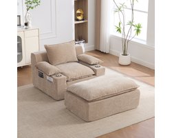 STILVORA Chaise Longue 1-Zits - Relaxstoel Met 4 Kussens, Bekerhouder En Opbergvak - Voor Woonkamer En Balkon - Chenille Lichtkhaki