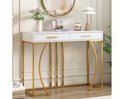 STILVORA Consoletafel - Console Met 1 Lade En Vergulde Grepen - Metaalframe Met 60 Kg Draagkracht Voor Hal - MDF - 110x32x85 cm - Wit+Goud
