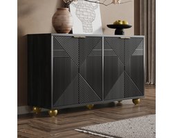 STILVORA Dressoir – Gravure Deuren Met Gouden Accenten – 4 Deuren En Verstelbare Planken Met Verstelbare Poten – MDF – 120x35x71,5 cm – Zwart