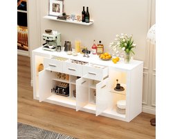 STILVORA Dressoir - Hoogglans Front Met Ledverlichting En 14 Vakken - Voor Woonkamer En Koffiehoek - Spaanplaat Wit - 160x40x75 Cm