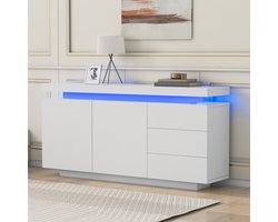STILVORA Dressoir - Hoogglans Sideboard Met RGB-LED-App - 2 Deuren 3 Lades Voor Woonkamer En Slaapkamer - Spaanplaat - 140x35x72.5 cm - Wit