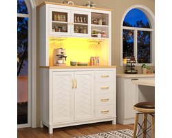 STILVORA Dressoir Kast - Grote Opbergruimte Met Led Lichtstrip En 4 Deuren - Voor Keuken En Woonkamer - MDF Wit - 105,5x40x180 cm