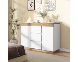 STILVORA Dressoir – Klassieke Commode Met Eikenlook – 3 Laden En 2 Deuren – Ruime Opbergruimte Voor Slaapkamer En Woonkamer – E1 Spaanplaat – Wit+Eiken