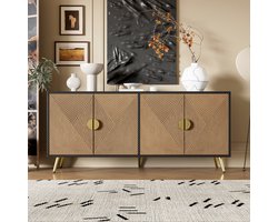 STILVORA Dressoir – Reliefdeuren Met Goudkleurige Halfronde Handgrepen – 4 Deuren Voor Woonkamer En Eetkamer – MDF;Spaanplaat – 160x40x75 cm – Zwart+Notenbruin