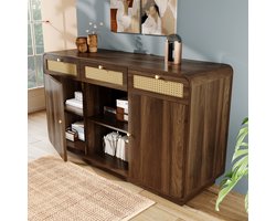 STILVORA Dressoir – Retro Notenhout Met Rotan Fronten En Goudgrepen – 3 Lades 2 Deuren En Open Rek – MDF;Spaanplaat – 120x40x85 cm – Notenbruin
